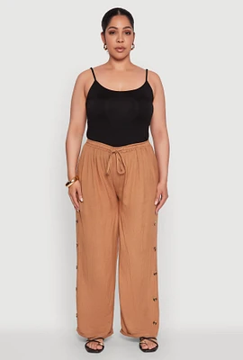 Womens Plus Side Button Detail Linen Pants,