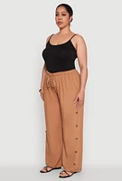 Womens Plus Side Button Detail Linen Pants,