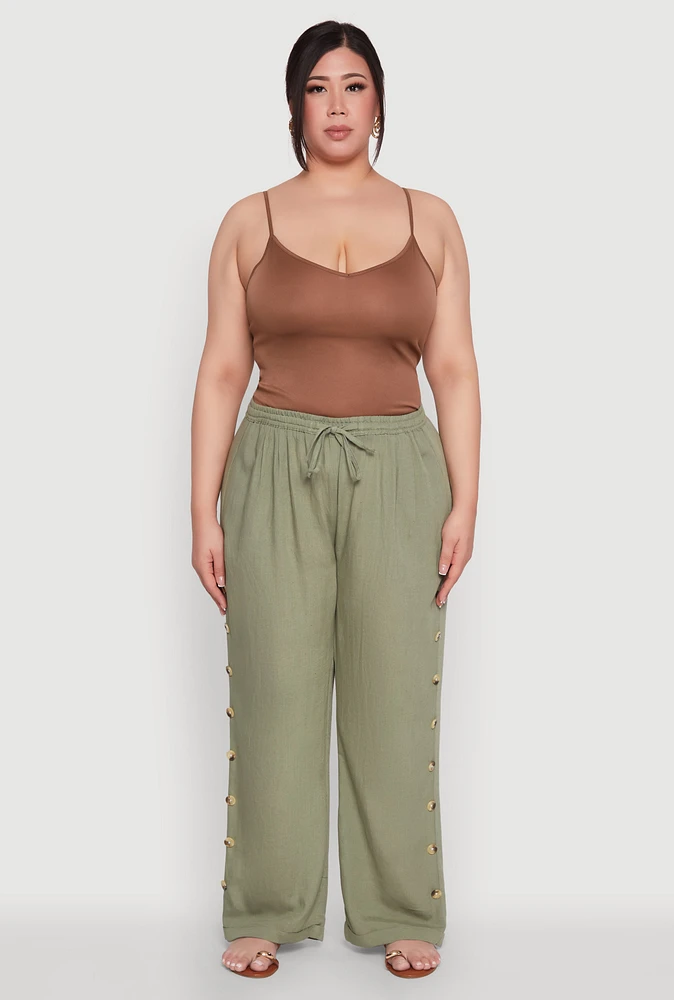 Womens Plus Size Side Button Detail Linen Pants, Green, Size 1X