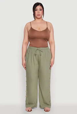 Womens Plus Size Side Button Detail Linen Pants, Green, Size 1X