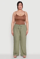 Womens Plus Size Side Button Detail Linen Pants, Green, Size 1X