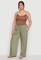 Womens Plus Size Side Button Detail Linen Pants, Green, Size 1X