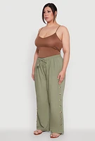 Womens Plus Size Side Button Detail Linen Pants, Green, Size 1X