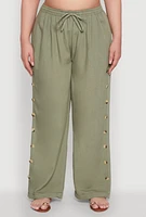 Womens Plus Size Side Button Detail Linen Pants, Green, Size 1X