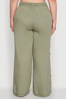Womens Plus Size Side Button Detail Linen Pants, Green, Size 1X