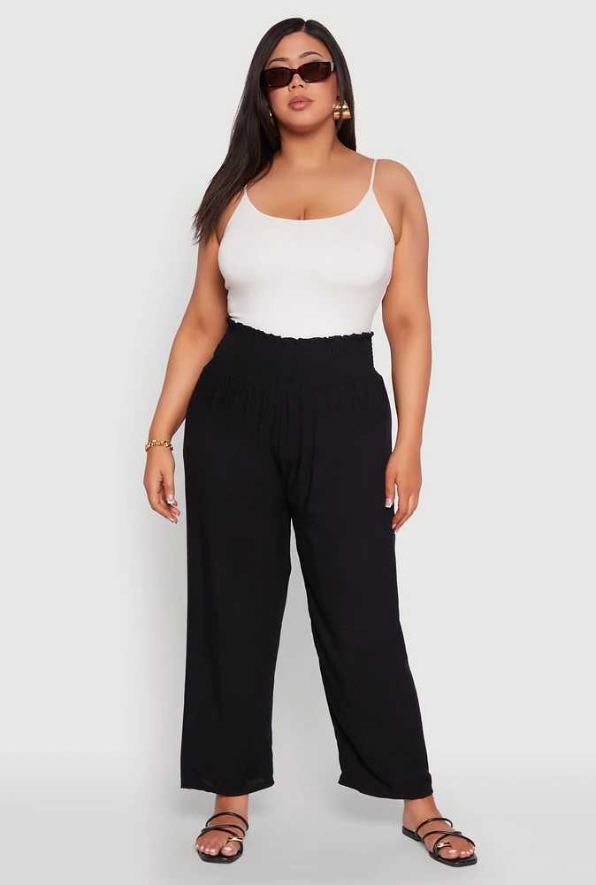 Womens Plus Size Smocked High Waisted Pants, Black, Size 1X