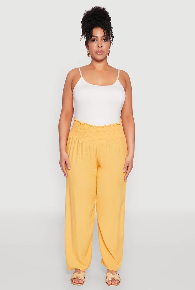 Womens Plus Size Smocked High Waisted Pants, Yellow, Size 2X