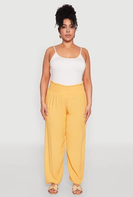Womens Plus Size Smocked High Waisted Pants, Yellow, Size 2X