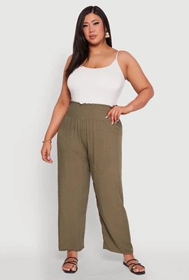 Womens Plus Size Smocked High Waisted Pants, Green, Size 3X