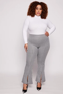Womens Plus Size Houndstooth Slit Hem Flare Pants, Multi, Size 3X