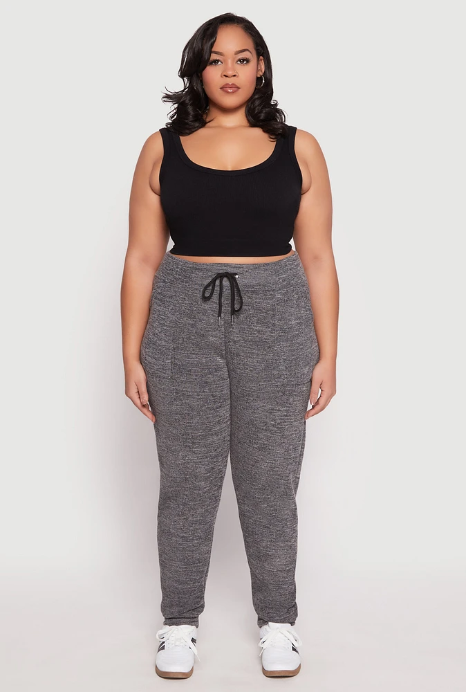 Womens Plus Size Brushed Knit High Waisted Joggers, Grey, Size 3X