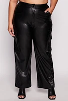 Womens Plus Size Faux Leather Wide Leg Cargo Pants, Black, Size 1X