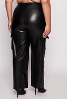Womens Plus Size Faux Leather Wide Leg Cargo Pants, Black, Size 1X