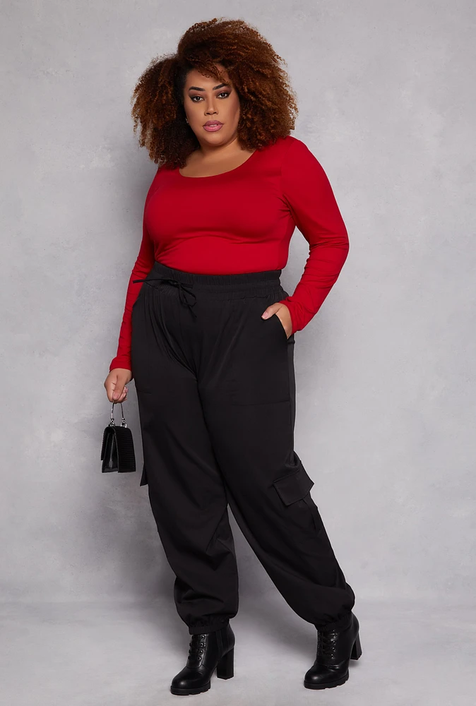 Womens Plus Size Poplin Cargo Pocket Joggers, Black, Size 1X
