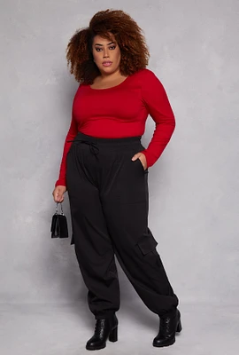 Womens Plus Size Poplin Cargo Pocket Joggers, Black, Size 1X