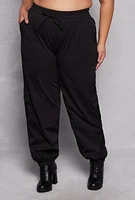 Womens Plus Size Poplin Cargo Pocket Joggers, Black, Size 1X