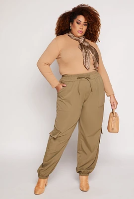 Womens Plus Size Poplin Cargo Pocket Joggers, Green, Size 3X