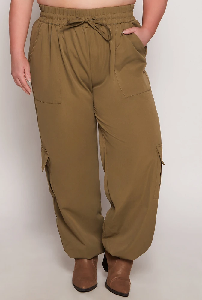 Womens Plus Poplin Cargo Pocket Joggers, Green,