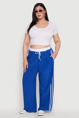 Womens Plus Size Stylish Active Pant with Contrast Trim and Varsity Stripes, Blue, Size 2X