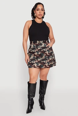 Womens Plus Camo Cargo Mini Skirt, Multi,