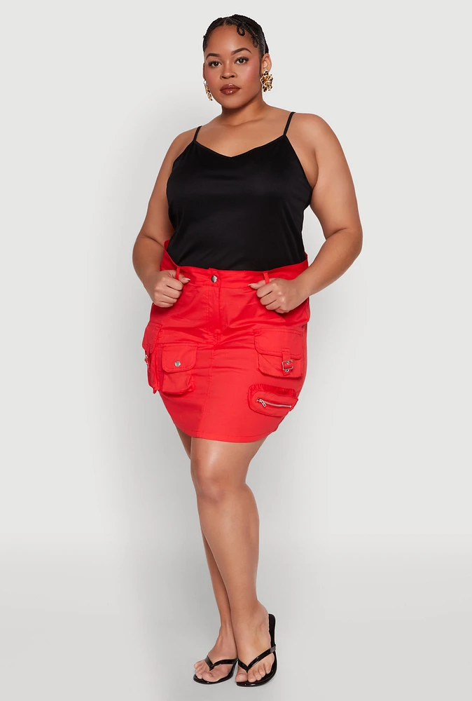 Womens Plus Size Multi Cargo Pocket Mini Skirt, Red, Size 1X