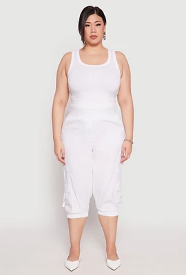 Womens Plus Size Poplin Pull On Capri Pants, White, Size 3X