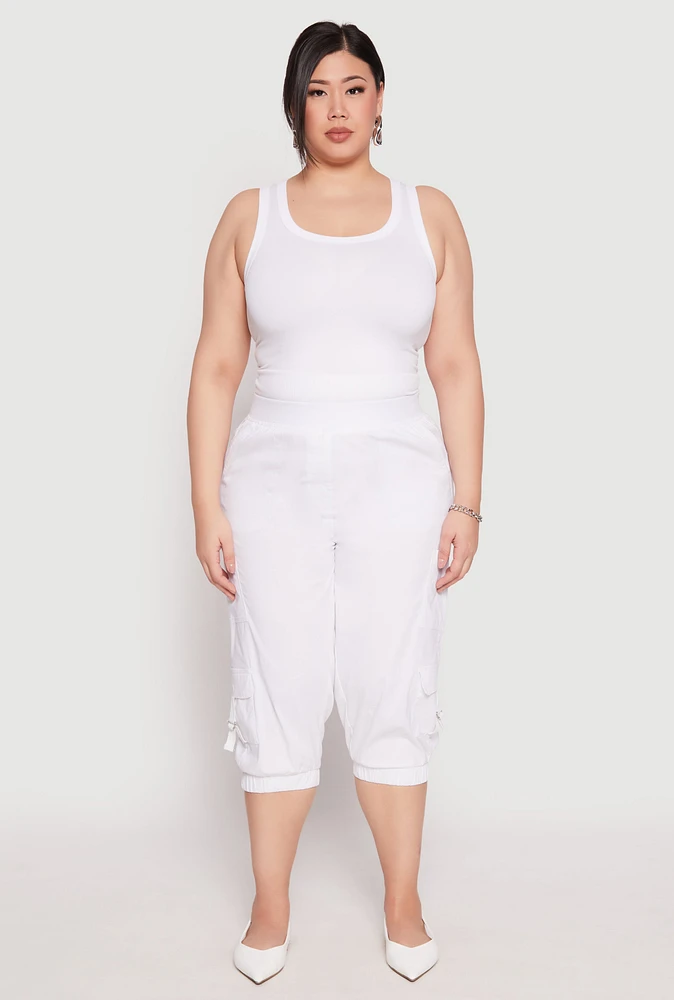 Womens Plus Size Poplin Pull On Capri Pants, White, Size 2X
