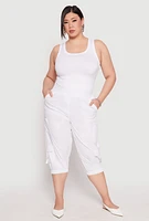 Womens Plus Size Poplin Pull On Capri Pants, White, Size 3X