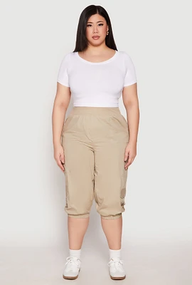 Womens Plus Size Poplin Pull On Capri Pants, Khaki, Size 3X