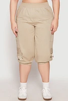 Womens Plus Size Poplin Pull On Capri Pants, Khaki, Size 3X