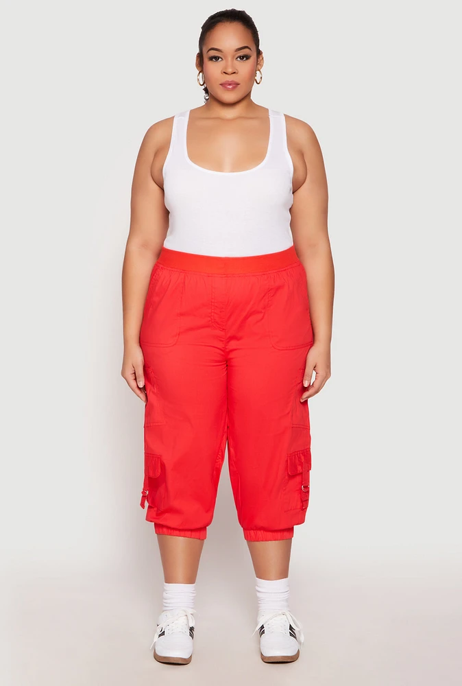 Womens Plus Size Poplin Pull On Capri Pants, Red, Size 3X