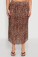 Womens Plus Size Plisse Leopard Print Maxi Skirt, Brown, Size 2X