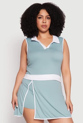 Womens Plus Size Contrast Trim Johnny Collar Sleeveless Top, Blue, Size 2X