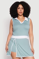 Womens Plus Size Contrast Trim Johnny Collar Sleeveless Top, Blue, Size 2X