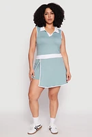 Womens Plus Size Contrast Trim Johnny Collar Sleeveless Top, Blue, Size 2X