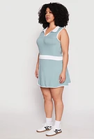 Womens Plus Size Contrast Trim Johnny Collar Sleeveless Top, Blue, Size 2X