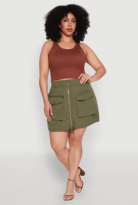 Womens Plus Size Zip Front Cargo Pocket Skirt, Green, Size 3X