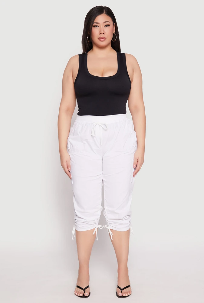Womens Plus Size Toggle Drawstring Poplin Capri Pants, White, Size 3X