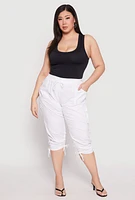 Womens Plus Size Toggle Drawstring Poplin Capri Pants, White, Size 3X