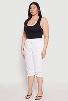 Womens Plus Size Toggle Drawstring Poplin Capri Pants, White, Size 3X