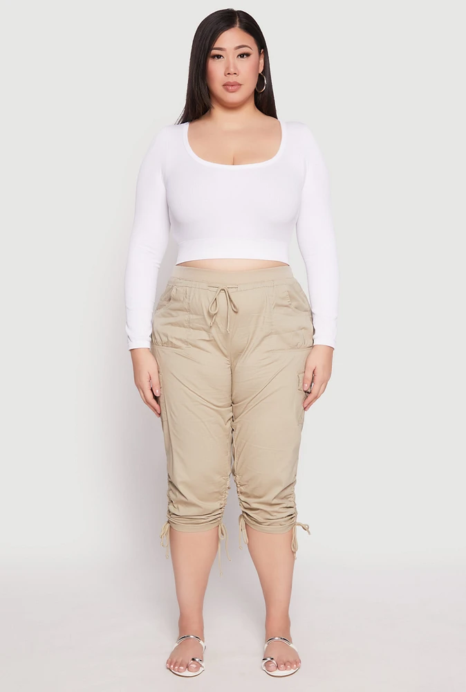 Womens Plus Size Toggle Drawstring Poplin Capri Pants, Khaki, Size 3X
