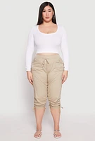 Womens Plus Size Toggle Drawstring Poplin Capri Pants, Khaki, Size 3X