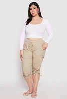 Womens Plus Size Toggle Drawstring Poplin Capri Pants, Khaki, Size 3X