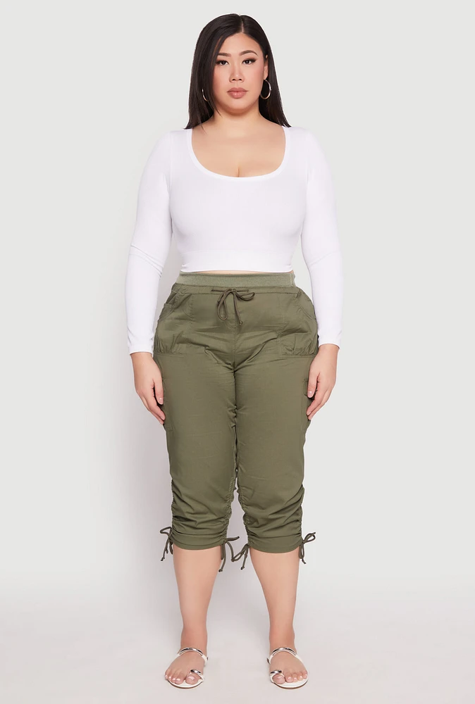 Womens Plus Size Toggle Drawstring Poplin Capri Pants, Green, Size 2X