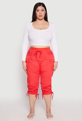 Womens Plus Size Toggle Drawstring Poplin Capri Pants, Red, Size 2X