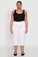Womens Plus Size High Waisted Cargo Capri Pants, White, Size 2X
