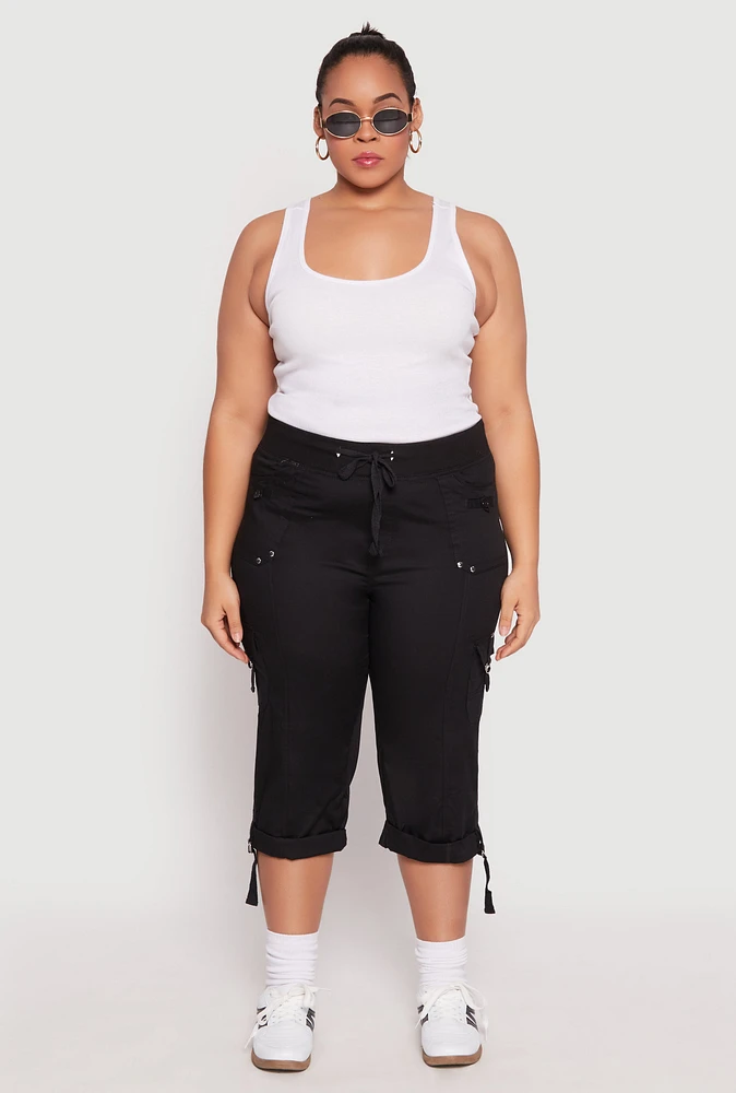 Womens Plus Poplin Rolled Cuff Capri Pants, Black,