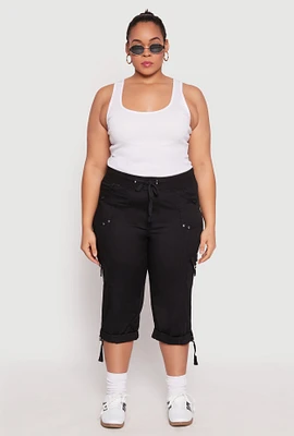 Womens Plus Poplin Rolled Cuff Capri Pants, Black,