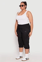 Womens Plus Poplin Rolled Cuff Capri Pants, Black,