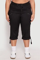 Womens Plus Poplin Rolled Cuff Capri Pants, Black,
